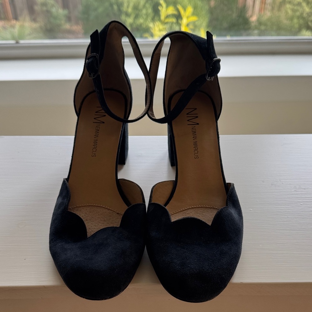 Neiman Marcus Navy Suede Block Heels with Scallop detail and ankle strap